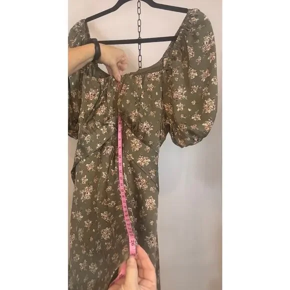 Arula Floral Cottagecore Dress Puff Sleeve Milkmaid Tie Front Green 1X estimated - Picture 10 of 11